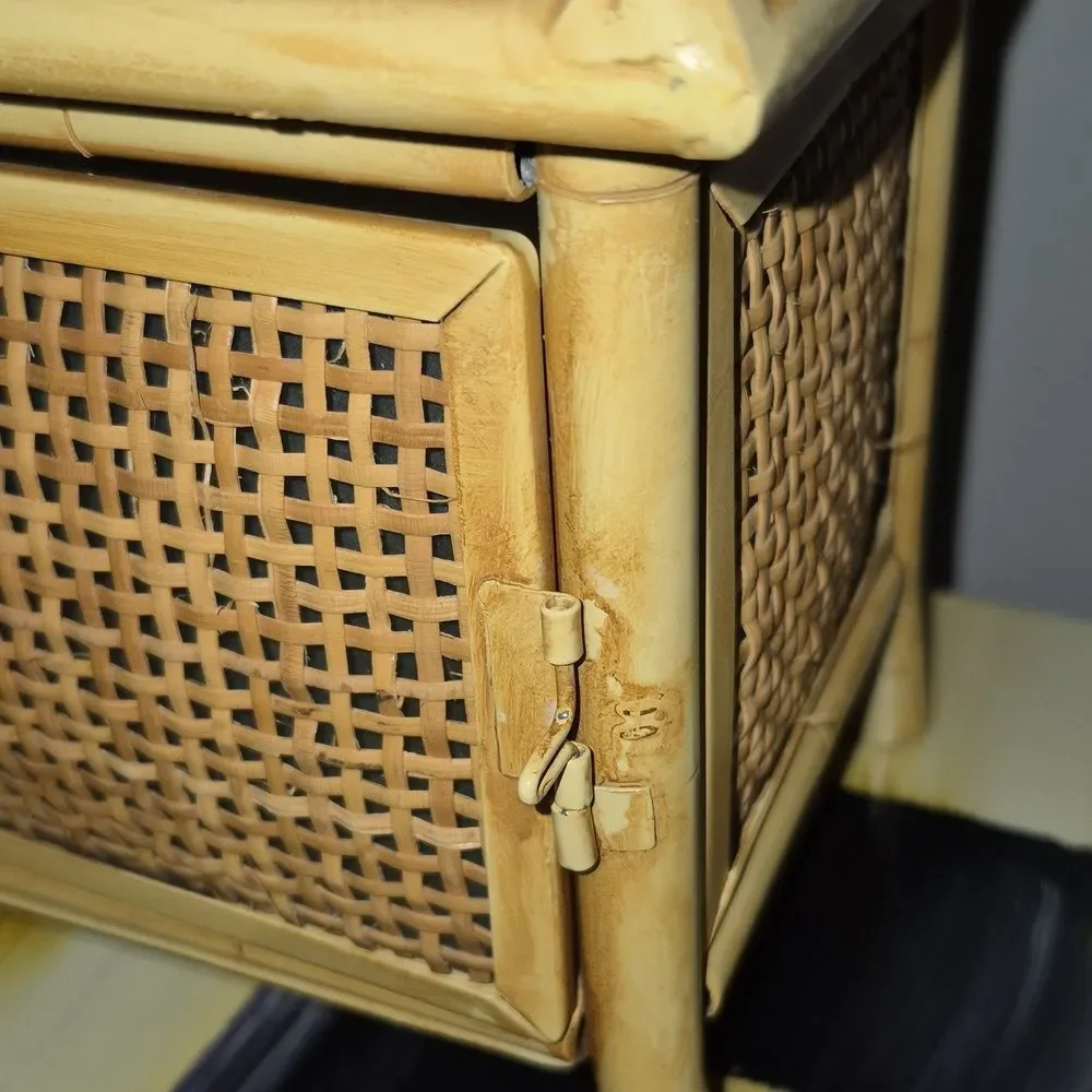 Vintage Metal Bamboo & Raffia MCM Tiki Hut Tea Light Holder Boho